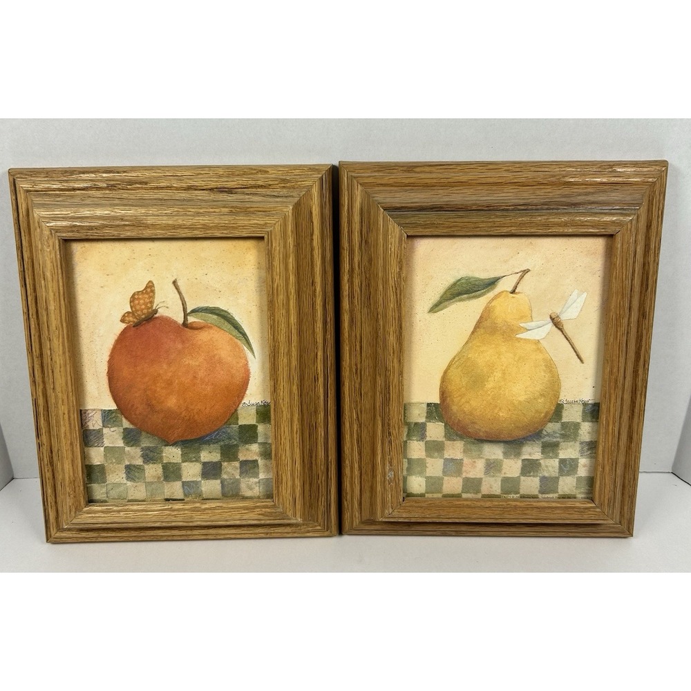 Wooden Framed Folk Art Fruit Prints Pear Apple 90s 10"x8" Kitchen